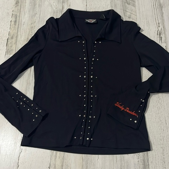 Harley Davidson Black Long Sleeve Collared Shirt  Hook and Eye Closure Size M - Picture 1 of 9